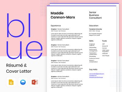 Blue - Resume and Cover Letter blue cover letter google slides grotesk grotesque personal branding poppins print resume