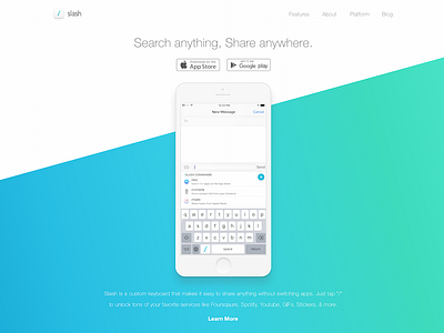Slash Home Page features gradient ios keyboard search share slash web design website