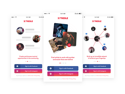 Treble Onboarding Screens authentication collaboration connection demo facebook instagram login music onboarding pagination product treble