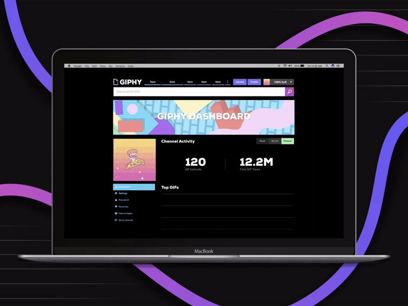 Giphy Analytics Dashboard analytics animation dark dashboard gifs giphy leaderboard line graph loop sticker view count