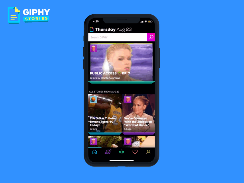 GIPHY Stories on the Homepage cards colorful gifs giphy gradient header homepage lightbox progress snapchat stories vertical scroll