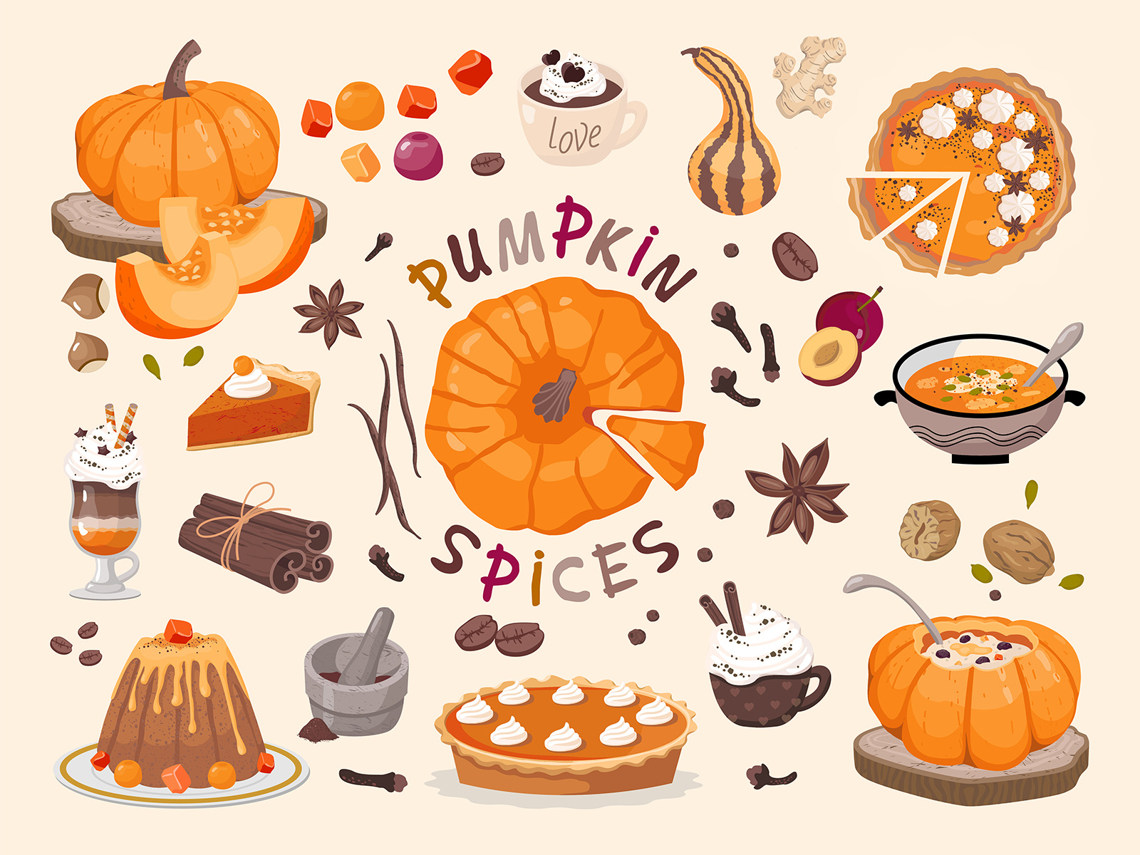 Pumpkin Spice is a set of vector cliparts. by Olga Selyutina on Dribbble