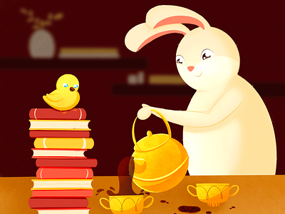 Cozy cup bright chick childrens book cup of tea cute design illustration kids illustration photoshop rabbit