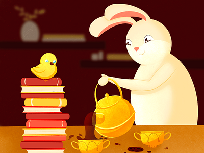 Cozy cup bright chick childrens book cup of tea cute design illustration kids illustration photoshop rabbit