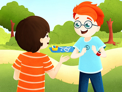 Fascinating conversation boy bright child children childrens book colorfull conversation cute exciting friends illustration kidlit kids park photoshop playfull