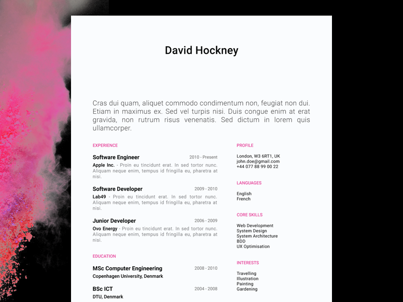 David Hockney - FREE creative resume/CV template / AI pdf illustrator ai cv print template resume