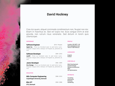 David Hockney - FREE creative resume/CV template / AI ai cv illustrator pdf print resume template