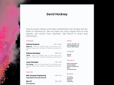 David Hockney - FREE creative resume/CV template / AI