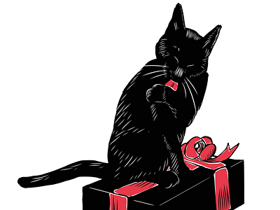 Cats like presents too black cat cat christmas holiday illustration linocut