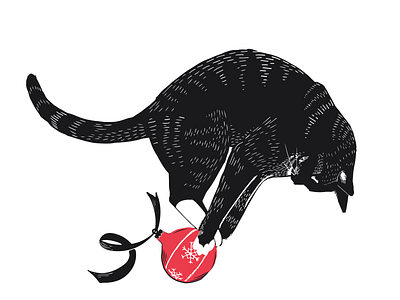 Cat having a ball cat christmas holiday illustration linocut ornament