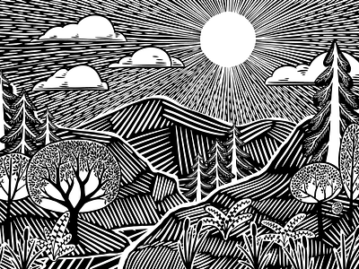 Linocut Style Landscape black and white block print style graphics illustration landscape nature vector