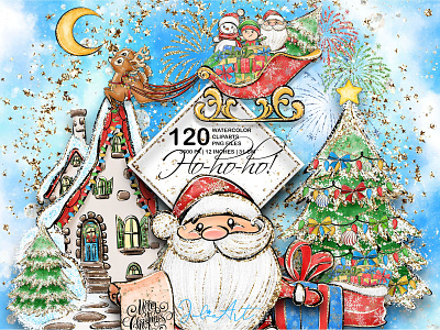 "HO-HO-HO" clipart set christmas christmas tree clipart cliparts deer elf gift invitation png santa santa claus snow