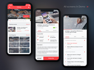 Kdemy Online Learning App UI Kit android app app ui creative ios iphonex uiux