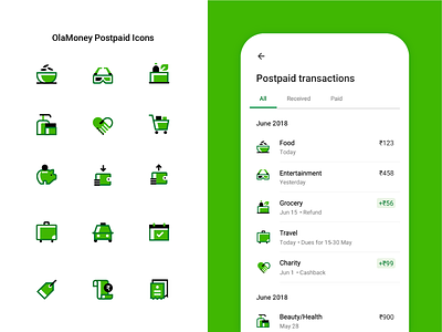 OlaMoney Postpaid Icons app bill cab calender cashback charity entertainment food grocery health icon offer ola payment ride shopping travel ui vector wallet