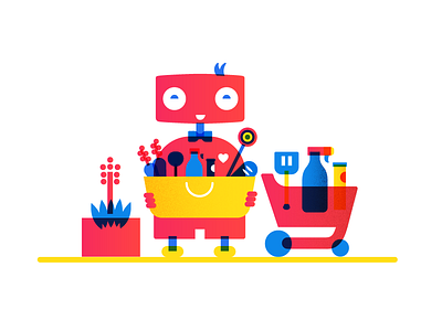 Let's go shopping! bot card cart colours happy illustration products robot shopping texture ui vector