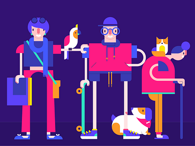Pets and people boy cat character dog geometric girl human macaw old people young
