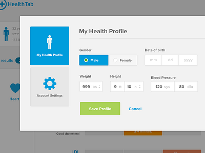 Health Profile modal dashboard design form health modal profile ui web