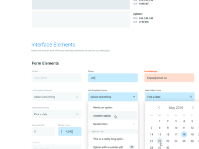 Style Guide Interface Elements buttons date selector form interface pills search text field type ahead ui web