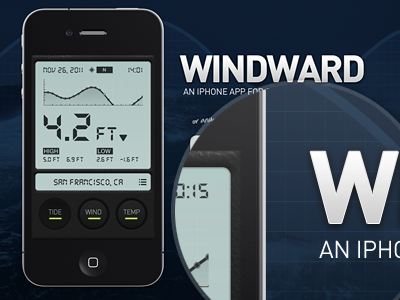 Windward app landing page app button chart css3 iphone design digital din display graph html5 ios ios5 iphone leather mobile ocean open sans pattern temperature texas lcd texture tide ui ux video background web web fonts wind