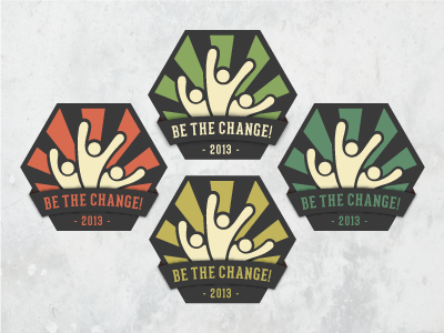 Be The Change! - Colour Combos aldrich aldricht badge change conference empowerment figure gungho highschool leadership logo people retro students summit sun rays tan vintage wip