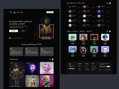 NFT Market place charts crypto dark mode hero section landing page listing nft product design ui uiux ux web design