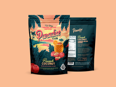 Paradise Club cannabis cbd fruit gummies illustration mylar packaging paradise thc tropical type