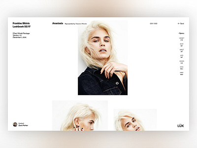 Model Details agency details grid layout minimal model photo ui website white