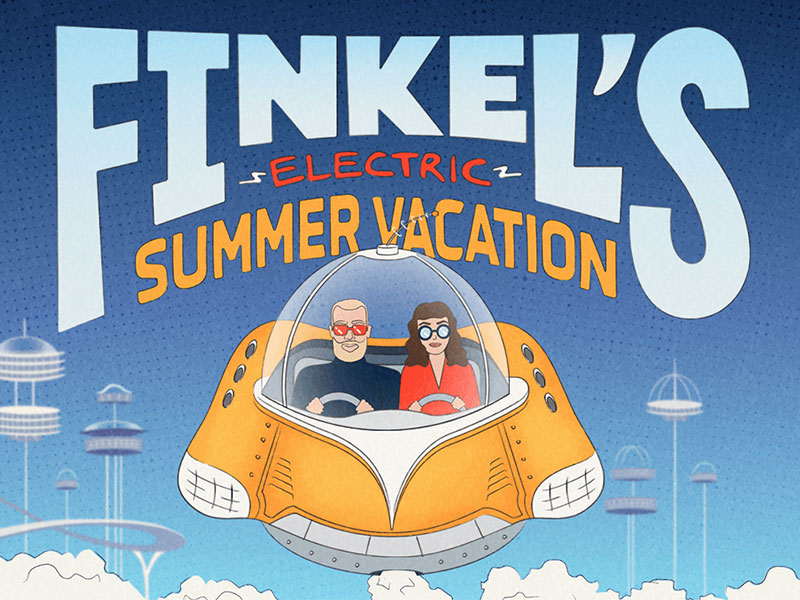 Finkel's Electric Summer Vacation Tour electric summer music clouds flying jetsons poster tour city flying car hoverboard hovercraft