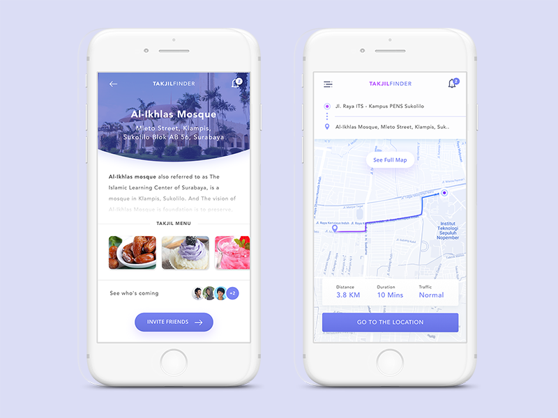 Takjil Finder App Concept invitation clean white iphone purple uxdesign uidesign mosque islam islamic food map