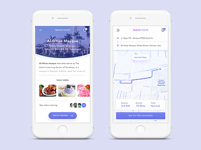 Takjil Finder App Concept clean food invitation iphone islam islamic map mosque purple uidesign uxdesign white