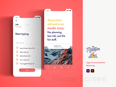 The Mountains - Mobile App Design adobe illustrator adobe xd adventures flat icon illustraion interaction design logo logodesign logotype minimal mobile app design mobile ui mountains travel typography ui user journey ux