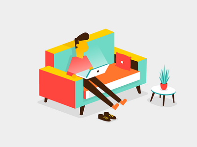 Isometric lounging character computer couch illustration isometric laptop patswerk plant vector webshop