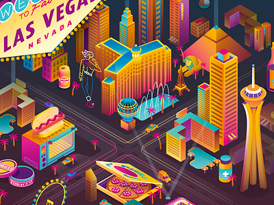 Las Vegas buildings city illustration isometric las vegas map night patswerk pizza vector