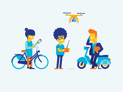 Characters bicycle bike character drone flat icon illustration patswerk scooter vector