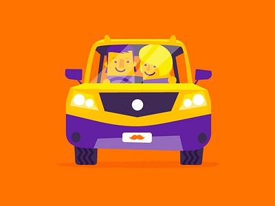 Take a drive car character couple flat fun illustration moustache patswerk vector vehicle