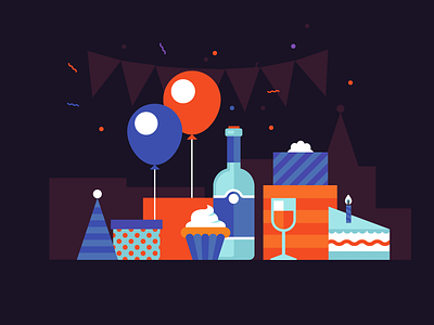 Party balloon birthday cake cupcake flat design illustration party patswerk present vector wine