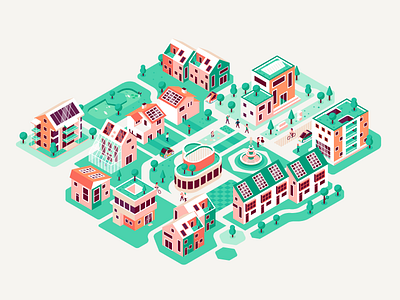 Town city fountain houses illustration isometric map patswerk people town urban vector