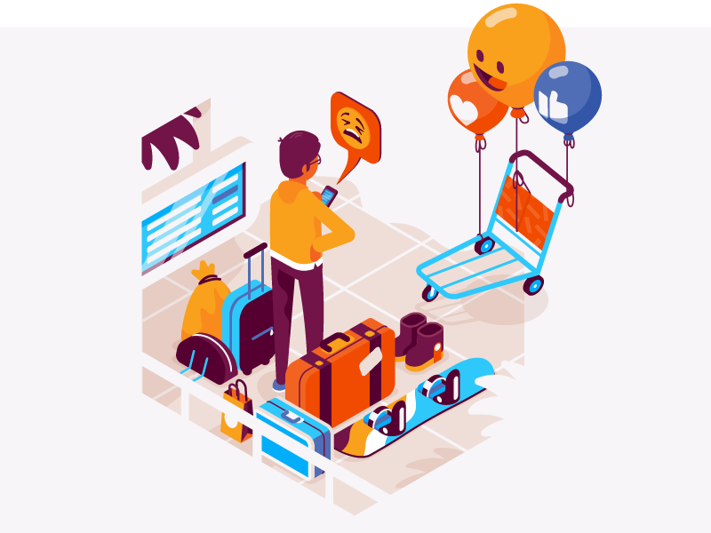 Social airport social media phone snowboard luggage app airport isometric illustration vector patswerk
