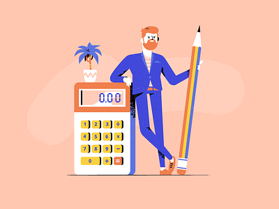Bloody great big calculator accountant bookkeeper calculator character cool illustration man patswerk pencil plant poser suit