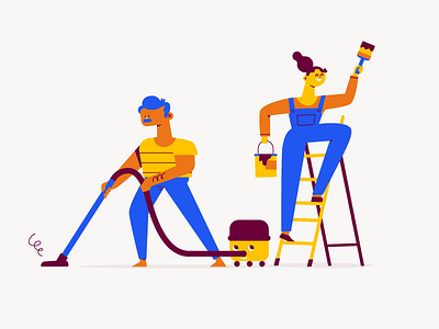 Cleaning character cleaning couple diy illustration man painting patswerk vacuum cleaning vector woman work