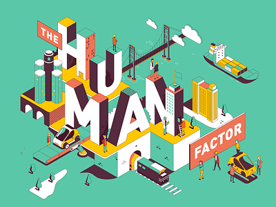 Human factor character city illustration isometric patswerk poster typography vector