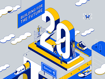 Logistics anniversary building car city container drone future illustration isometric line lineart logistics patswerk train transportation typography vector
