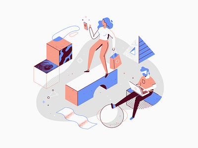 Online abstract character data illustration isometric laptop patswerk pattern shapes shopping space texture ui vector woman