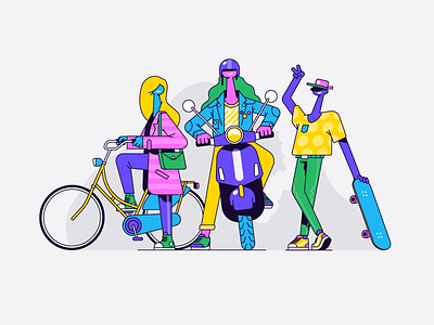 The cool kids app bicycle bike character friends group hipster illustration kids landingpage patswerk skate skateboard teenager ui vector woman