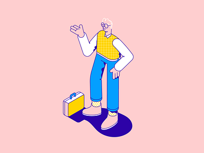 Isometric test character illustration isometric line lineart man nerd patswerk pattern suitcase vector working