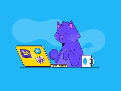 e-meow cat character coffee computer desk illustration laptop mail meow monday office patswerk pet platform vector work