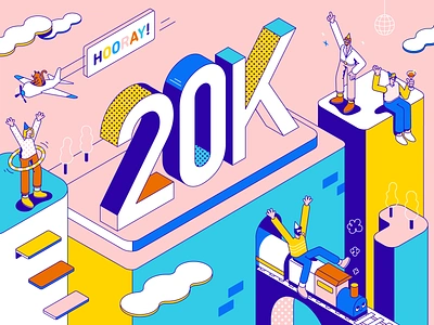 Hooray 20K! airplane building cat celebration character dance disco funky illustration isometric logistics outlines party patswerk train type typography vector