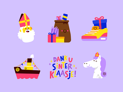 Stickerklaas boat character cute handlettering holidays icon icons illustration kids party patswerk presents snapchat sticker sticker pack sticker set stickers type typography vector
