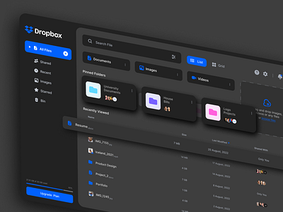 Dropbox Dashboard Refresh | Homepage | UI Challenge | Redesign banking banking app cloud manager cloud storage credit card dark theme dashboard design designer dropbox file manager files storage graphic design homepage redesign ui ux web app web design