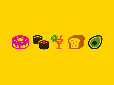 Yummys avocado bread cocktail donnut food icons sushi vector